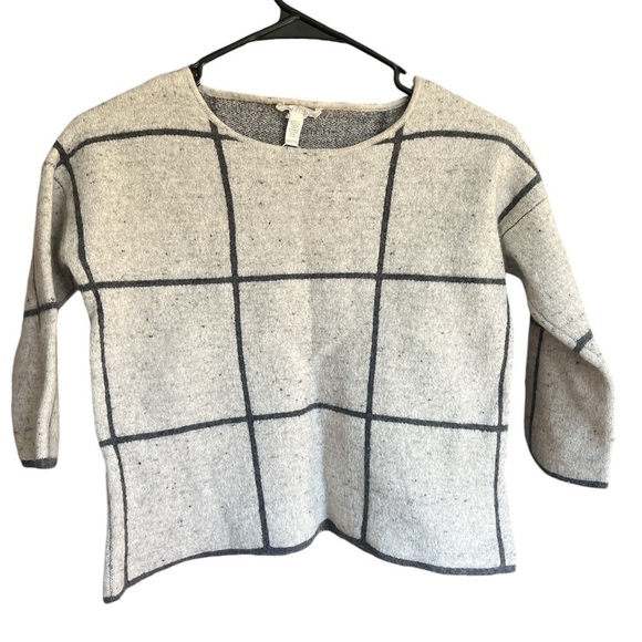 Eileen Fisher Wool Organic Cotton 3/4 Sleeve Peppered Window Pane Sweater PP XXS - Picture 1 of 5
